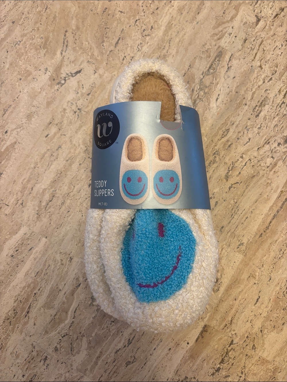 Weyland Square Teddy Slippers in Cream with Blue Smiley